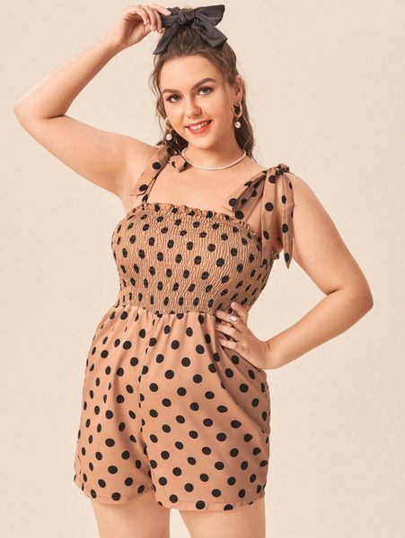 

plus polka dot tie shoulder shirred cami romper 52kh#, Black