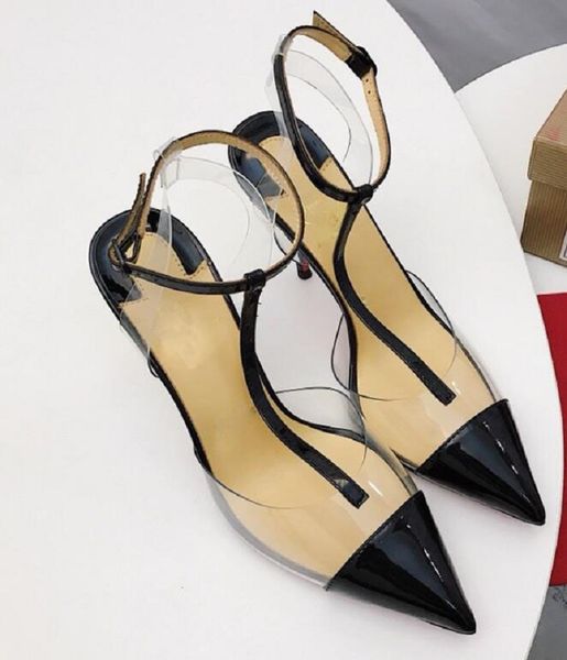 

eu 35-43summer shoes red bottom high heels t strap clear slingback heels pumps red white pointed toe high heels transparent heel women, Black