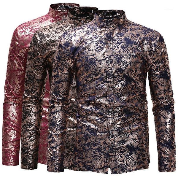 

pyjtrl men stand collar gold bronzing slim fit long sleeve shirts1, White;black