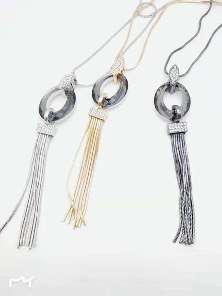

tassel glass selling necklace, oval fashionable and versatile, diamond inlaid glass women's long chain sweater chain, Silver