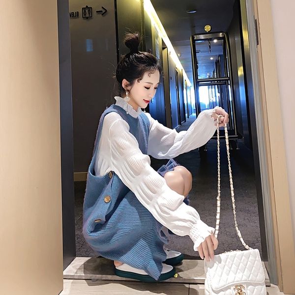 

suit fashionable foreign style pregnant women's autumn winter knitted wool dress temperament two piece set, White