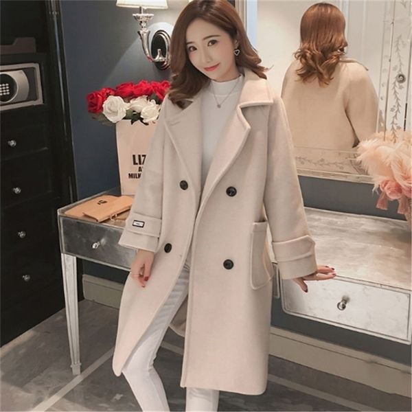 Casaco de lã de inverno e jaqueta mulheres coreano rosa longa jaqueta quente elegante engrossar lã casaco cashmere vintage longo casaco capa feminina 201216