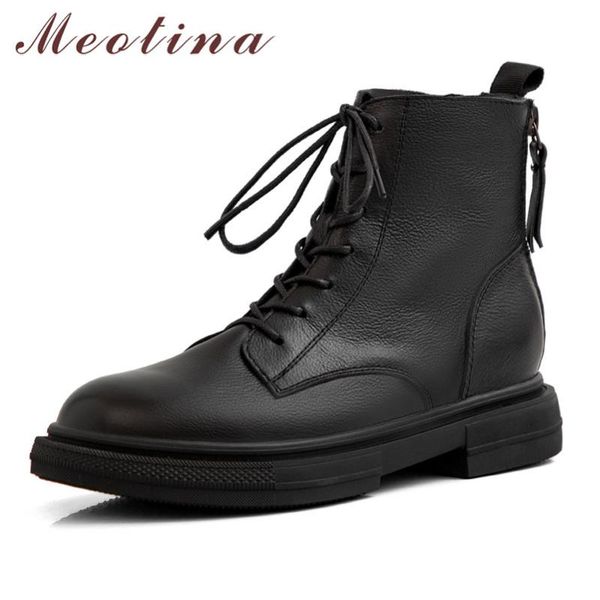 

meotina winter ankle boots women natural genuine leather zipper flat short boots lace up round toe shoes ladies fall size 34-39, Black