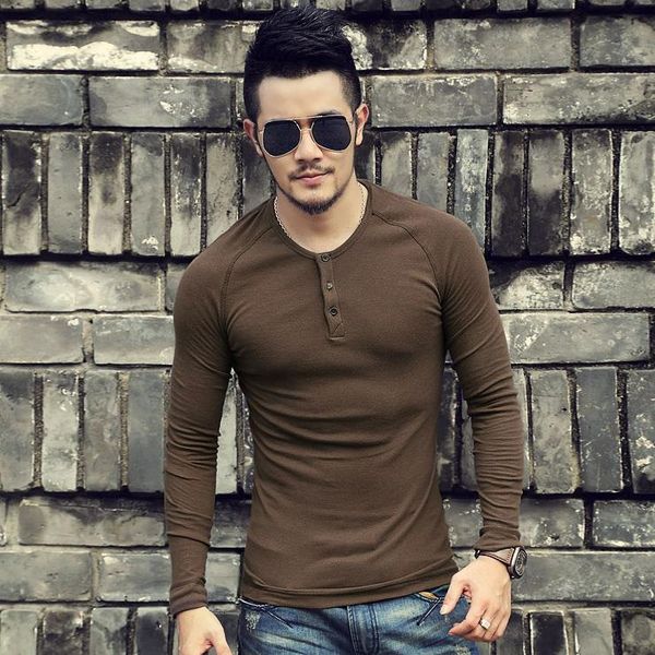 

henley shirts brand t-shirt slim fit solid color men warm bottoming long sleeve cotton pullover camisa masculina men casual new, Black