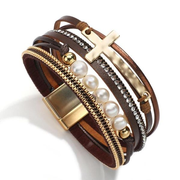 

amorcome 2021 new trendy baroque imitation pearls metal cross charm leather bracelets for women multilayer wrap bracelet bijoux, Golden;silver