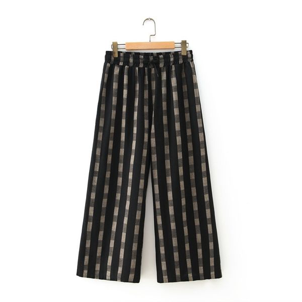

size korean plus middle female style waist straight chess print ankle casual length pants m7de, Black;white