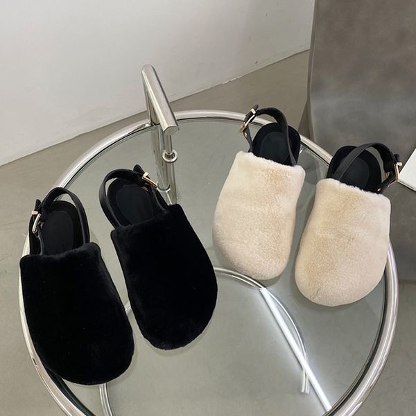 

women fur slippers slip on slides fashion warm mules ladies round toe flat heel casual sandals winter home woman slippers shoe, Black