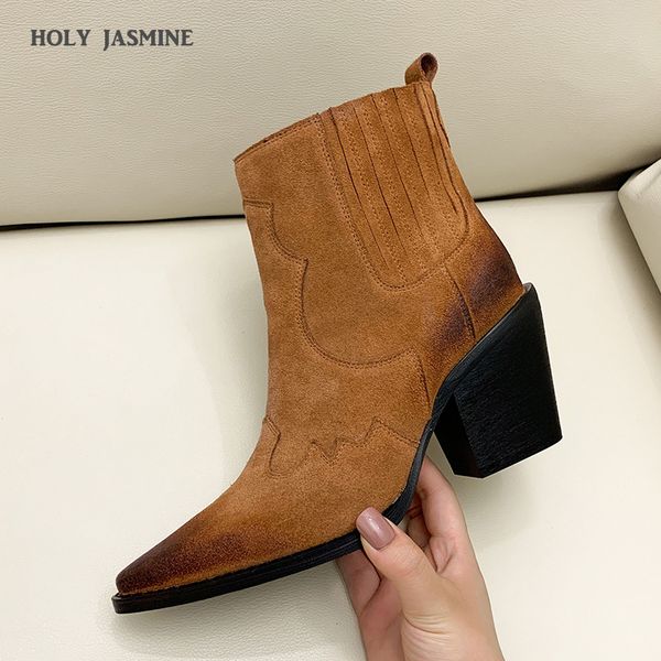 

leather boots women genuine pointed toe mid heel ankle thick square heel slip on western cowboy women y200723, Black