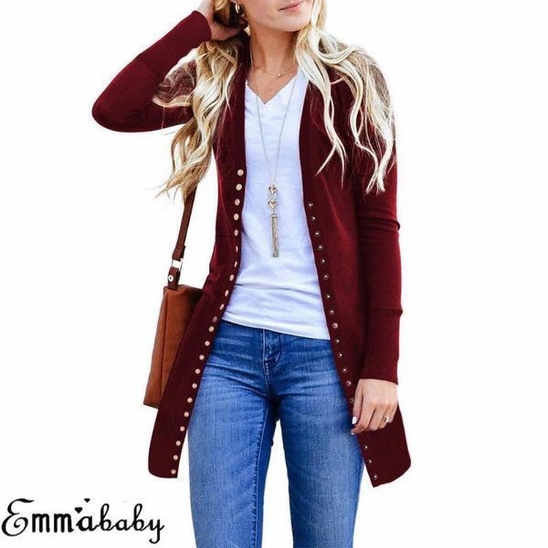 

ladies casual button solid long outwear women autumn long sleeve knitted cardigan sweater1, White