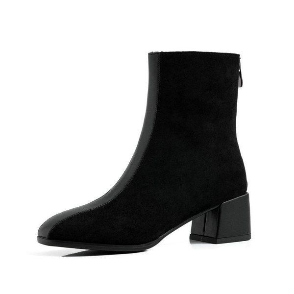 

2021 autumn winter round toe fashion ankle boots pu leather + flock women shoes square heel zipper short boots size34-43, Black