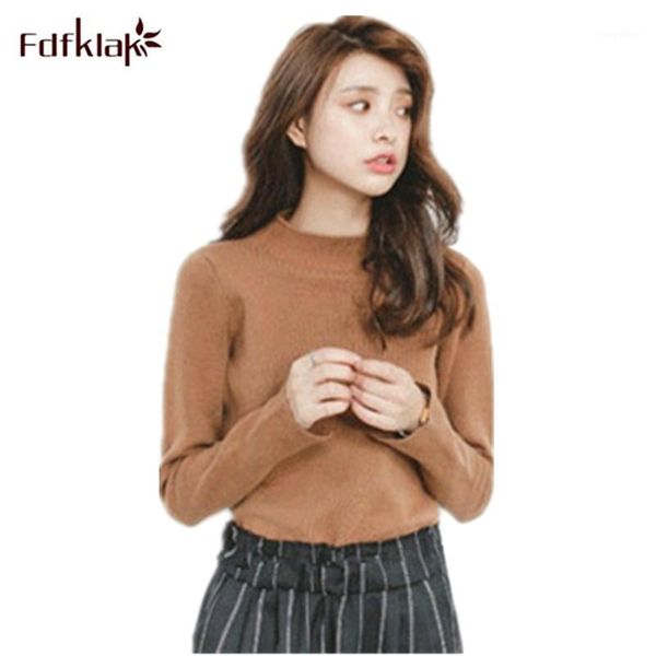 

fdfklak korean long sleeve bottoming women's sweater autumn winter slim half-high collar pullover sweaters fashion knit clothes1, White;black