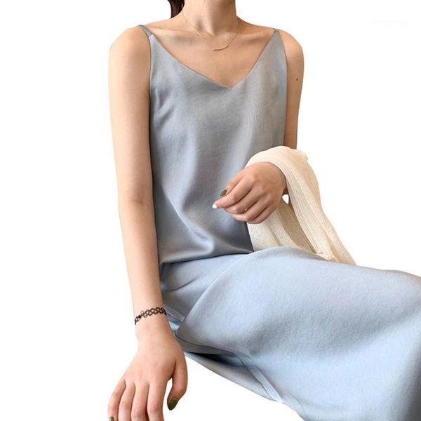 

casual dresses 2021 summer satin dress women backless spaghetti strap party night club long solid beach holiday korean dresses1, Black;gray
