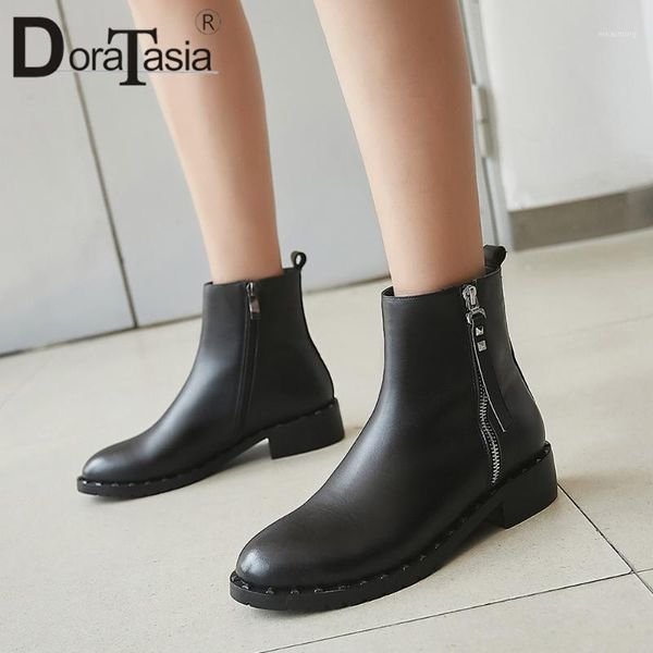 

doratasia new ladies fashion genuine leather boots casual low heels boots women cool rivet decorating ankle shoes woman1, Black