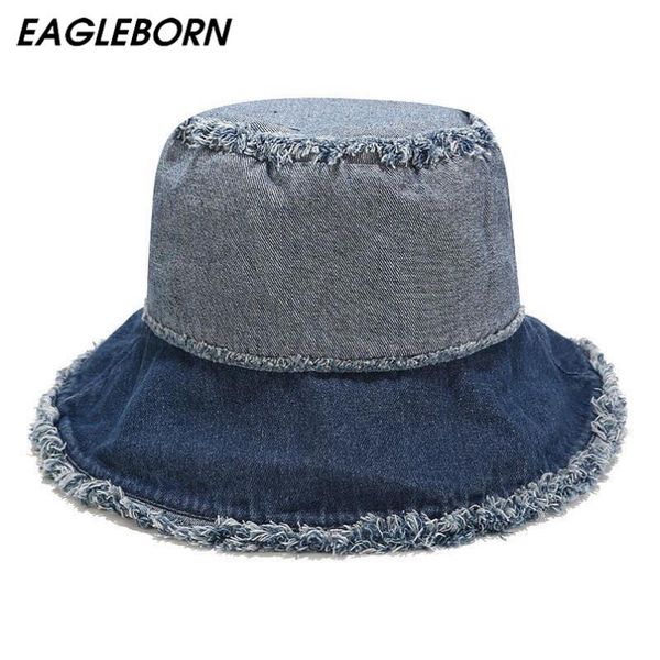 

wide brim hats fashion south korea japan bucket women ins washed fringe hip-hop hat cowboy stitching for, Blue;gray