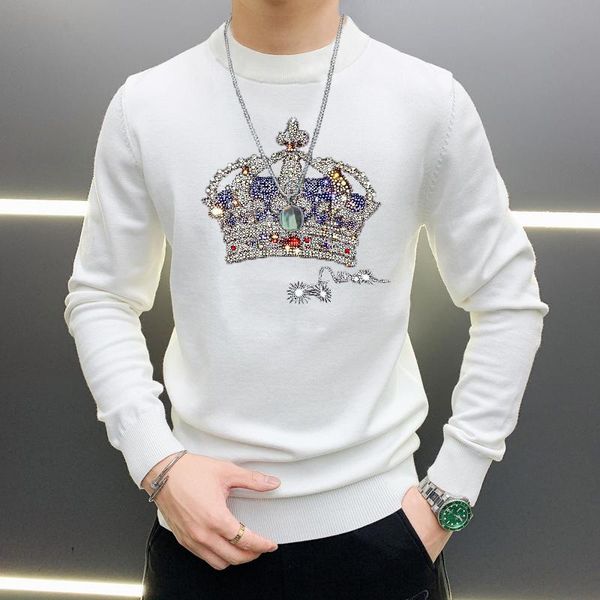 

men's sweaters 2021 big crown pure color oversized pullover knitted round neck long sleeve casual shiny diamond style, White;black