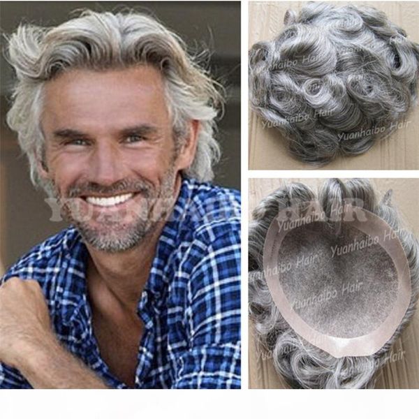 

8a silver gray color virgin malaysian wave hair lace with pu short men hair toupee ing, Black