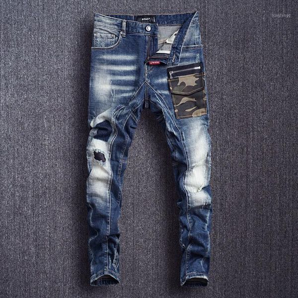 

american streetwear fashion men jeans retro blue slim fit ripped jeans men elastic pants patch camouflage pocket hip hop1
