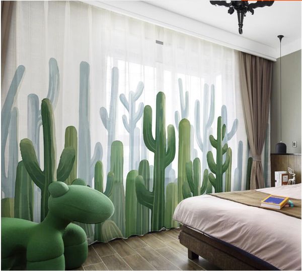 Cactus janela cortina popular europa verde planta sala de estar cortinas moderno quarto elegante