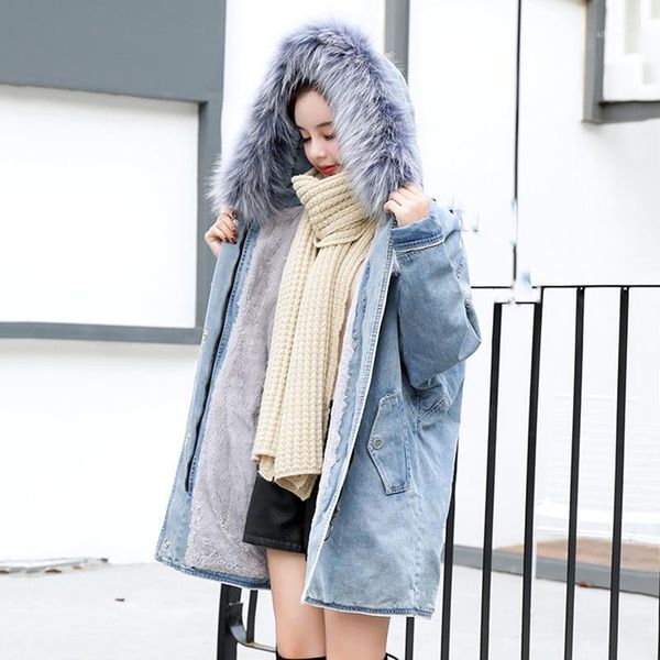 

brand denim jacket women's fur collar coat zipper denim jeans parka female long parka warm cotton fleece hoody outwear1, Tan;black