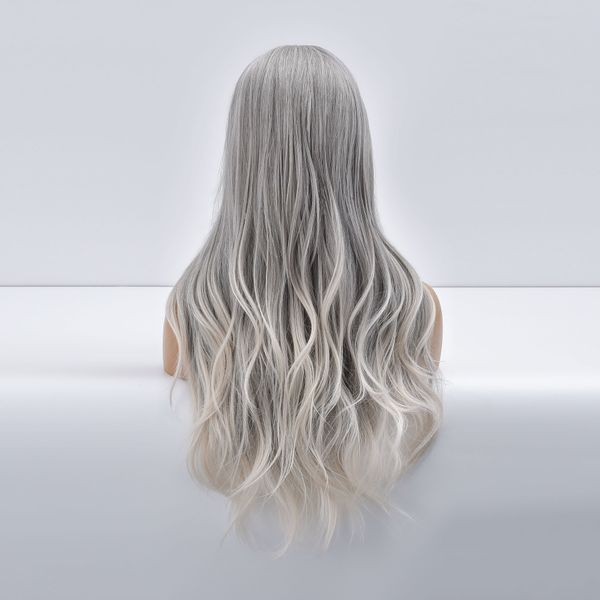 

costume accessories women ombre grey to gold long wave daily synthetic wigs with bangs natural curly heat resistant cosplay blonde fiber wav, Silver