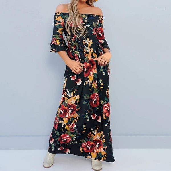 

women fashion summer dresses off-shoulder floral print pagoda mid-sleeve floor-length dress bohemia beach vacation dress1