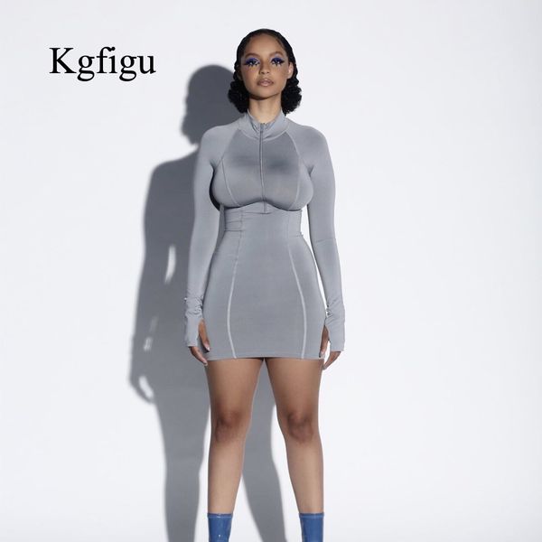 

kgfigu women zipper dress summer long sleeve bodycon vestidos fitness clothes solid gray outfits ladies shirts lj201202, Black;gray