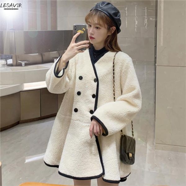 

2021 new winter fashion women's coat lapel belt lamb lambswool woolen nine sleeves thick with belt warm long length, Black