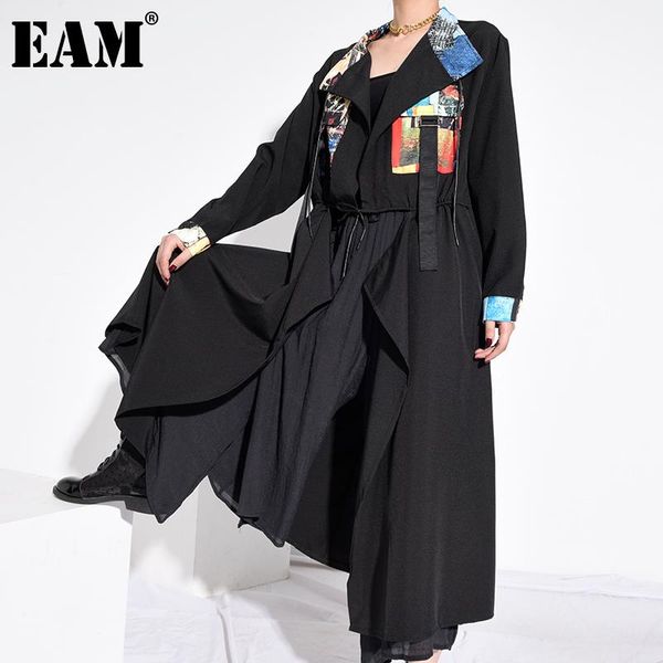 

women's trench coats [eam] women black pattern printed big size long lapel sleeve loose windbreaker fashion spring autumn 2021 1z495, Tan;black
