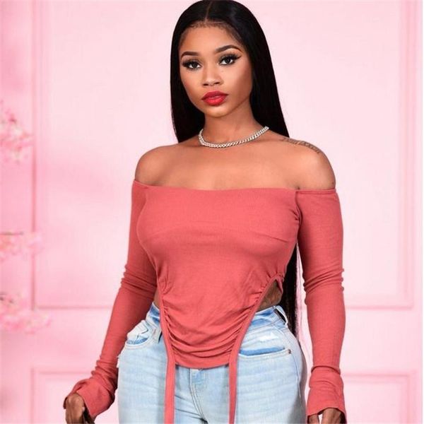 

women long sleeves t-shirt spring fall fashion casual off shoulder solid color wear female lace-up shorts tee shirts, White