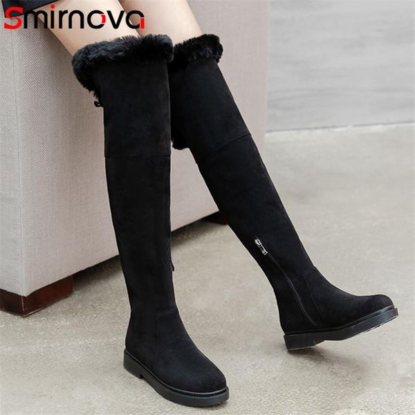 

smirnova big size 43 snow boots women thick fur winter shoes flock zip square heel casual shoes warm over the knee boots woman, Black