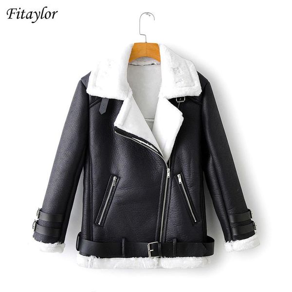 

fitaylor new winter faux lamb leather jacket women turn down collar sheepskin coat pu motorcyle biker warm thick outerwear, Black