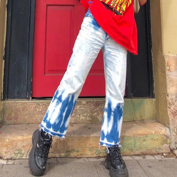 

tie dye slim straight jeans 90s fashion women high waist denim trousers vintage streetwear long pants aesthetics ladies skinny, Blue