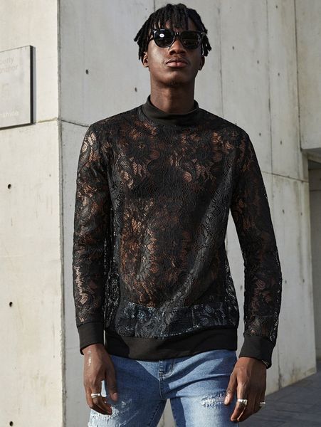 

men mock neck lace pullover j9zi#, Black