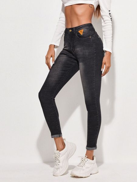 

high waist slant pocket patched skinny jeans q4x8#, Blue