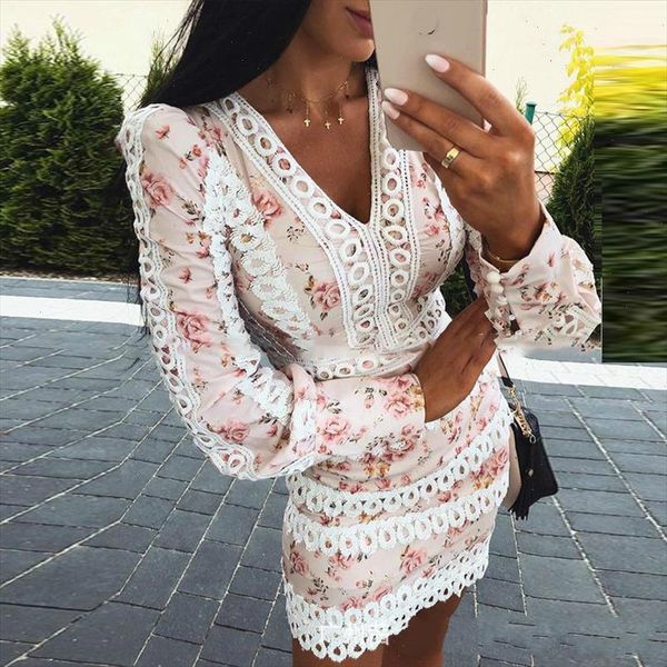 

2021 spring new arrivals fashion long sleeve slim v neck hollow out floral print short mini bodycon dress women mi410, Black;gray