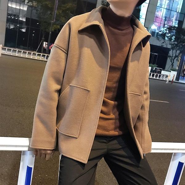 

woolen coat autumn winter men casual short blends jacket hong kong style retro loose cardigan fashion big pocket outwear, Black