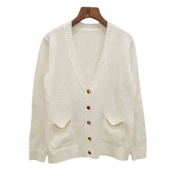 

woolen overcoats autumn winter new v-neck cardigan loose and versatile pocket chain long sleeve knitted sweater coat, Black
