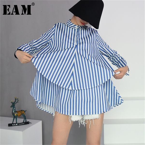 

[eam] 2020 spring autumn new fashion stand collar long sleeve blue striped loose big size double-deck shirt women blouse lj200815, White