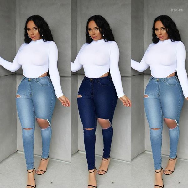 

slim female jeans simple ripped jeans ladies selling thin buttocks high waist button female pencil pants1, Blue