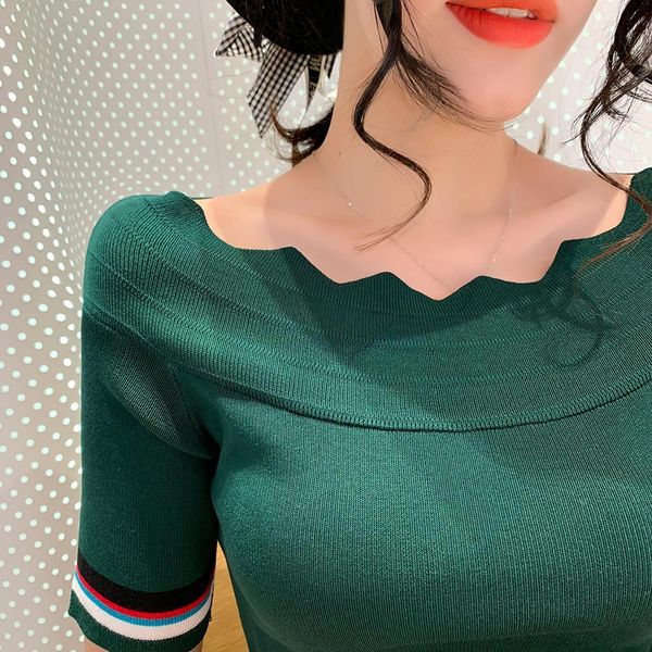 

short sleeve knitted t shirt womens wave one line collar summe slim ice silk shirt female girls sweater, White;black