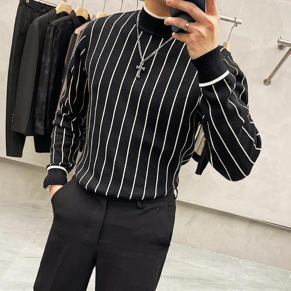 

men's sweaters mens 2021 winter long sleeve warm knitted pullovers fashion striped knitwear turtleneck casual pullover homme, White;black