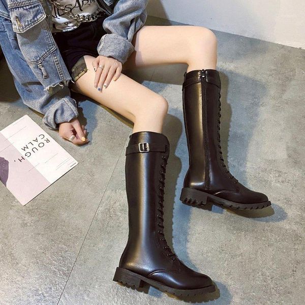 

boots shoes women's high heel winter autumn women ladies retro low-heeled buckle add cotton long tube knight women1, Black
