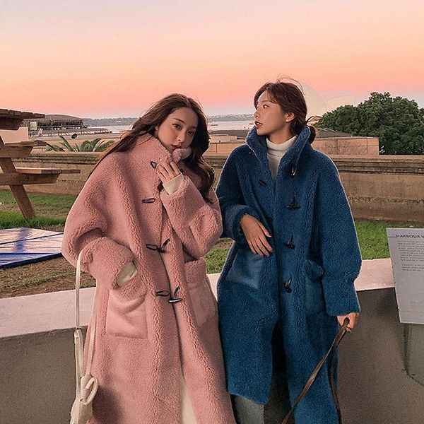 

yiciya 2020 loose woolen coat lamb down cotton coat faux fur female long warm thick autumn winter korean, Black