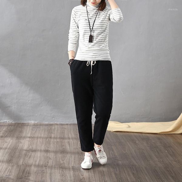 

women winter pants cotton linen thick 2020 vintage elastic waist cotton padded straight pants casual loose trousers for women1, Black;white