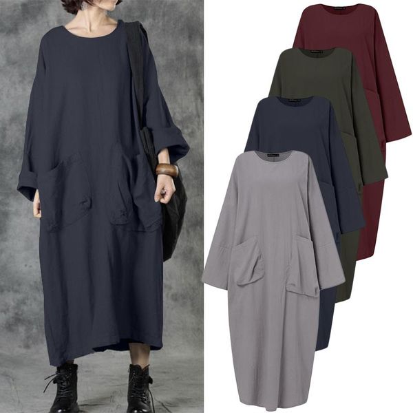 

casual dresses plus size vintage pockets maxi dress women's autumn sundress zanzea 2021 long sleeve baggy vestidos female solid robe, Black;gray