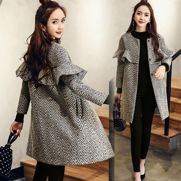 

brand coat gray striped o-neck slim butterfly sleeve autumn wool coat women period long ladies coats toyouth woolen overcoat1, Black
