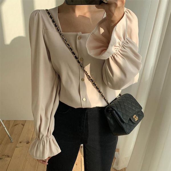 

chic all match square holl hot 2020 нежные тонкие вспышки flare flaeves сплошная элегантная повседневная офисная леди свободные рубашки, White