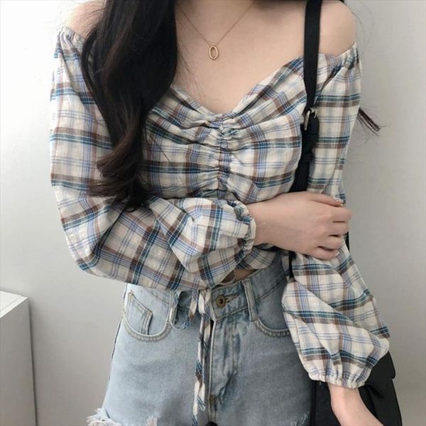 

new autumn v neck harajuku style plaid printed blouse shirt fashion drawstring long sleeve shirt female crop blusas femme, White