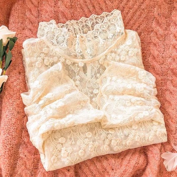 

2021 new out sleek lace blouse collar women high street shirts long autumn sweaters winter bottom 1 lmca, White