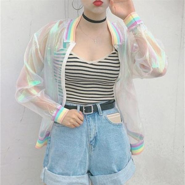 

harajuku summer laser raiow women basic coat clear iridescent transparent bomber jacket sunproof, Black;brown
